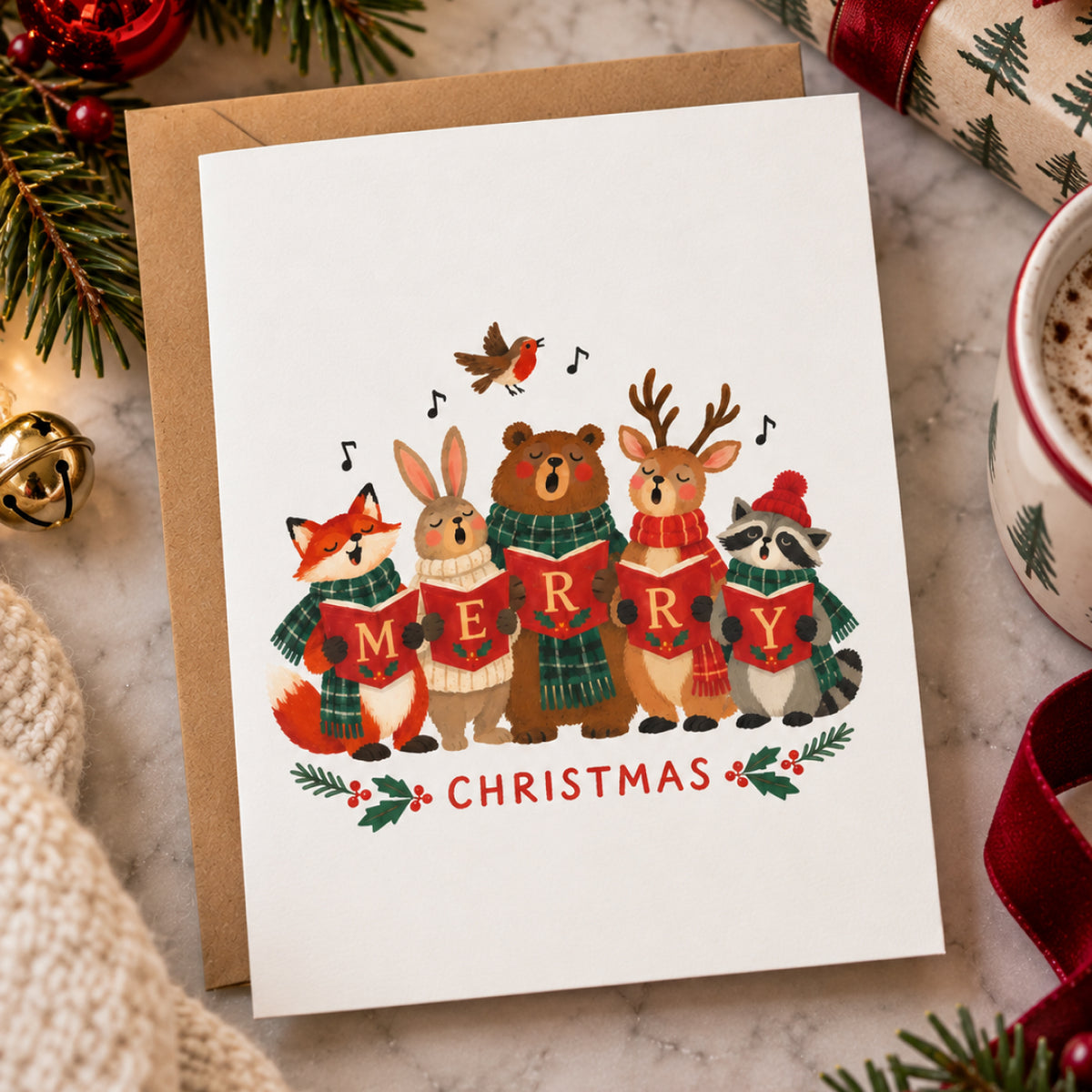 A white Christmas greeting card with a kraft envelope, featuring a festive illustration of five woodland animals singing 'Merry Christmas' on a marble surface surrounded by holiday decorations.