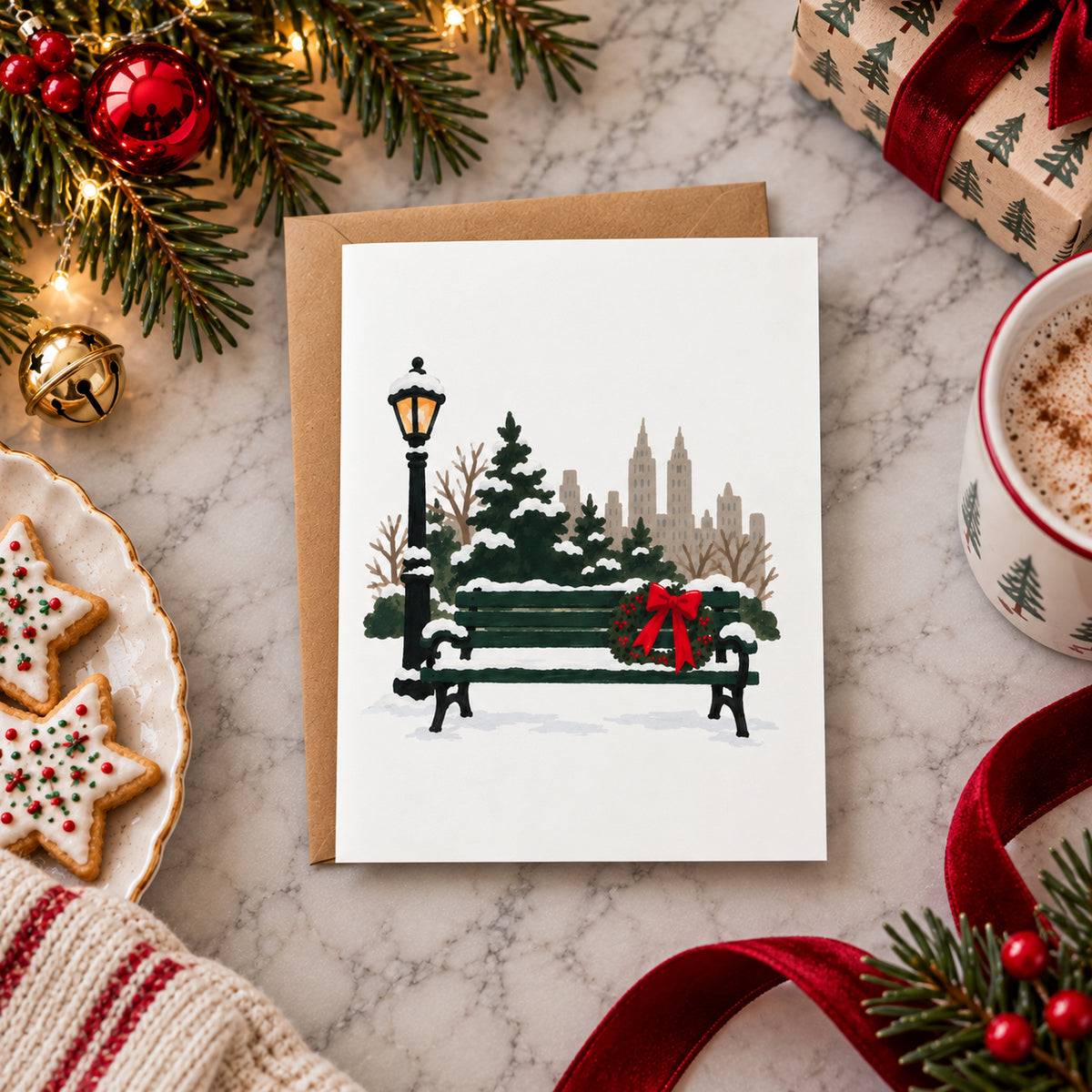 A square holiday greeting card with a kraft envelope, placed on a marble surface surrounded by Christmas decorations including pine branches, ornaments, cookies, a wrapped gift, a mug of hot cocoa, and a red ribbon. The card illustration shows a snowy park bench with a wreath, a streetlamp, evergreen trees, and city buildings.