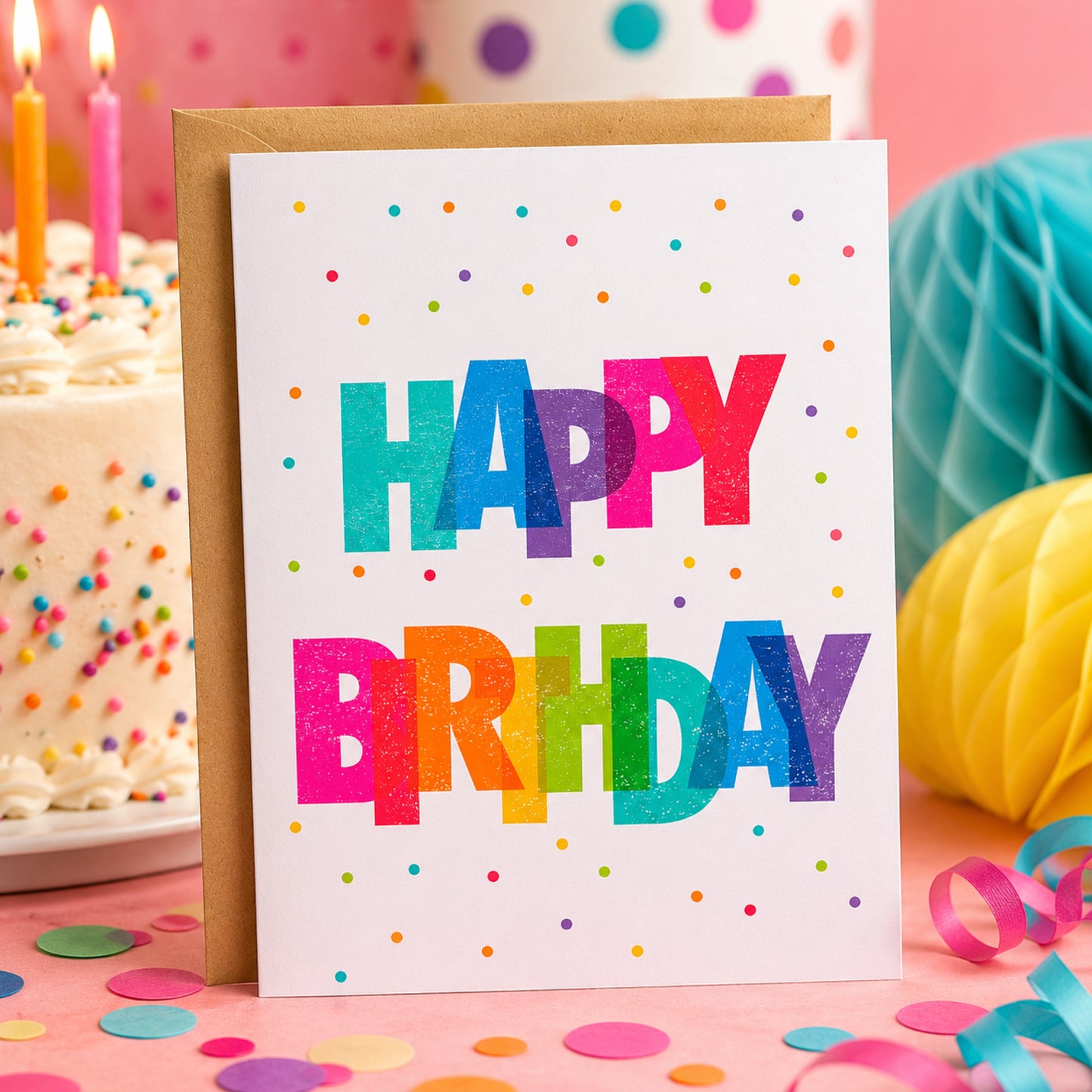 Happy Birthday Colorful Greeting Card with vibrant overlapping rainbow lettering and colorful confetti on a white background.