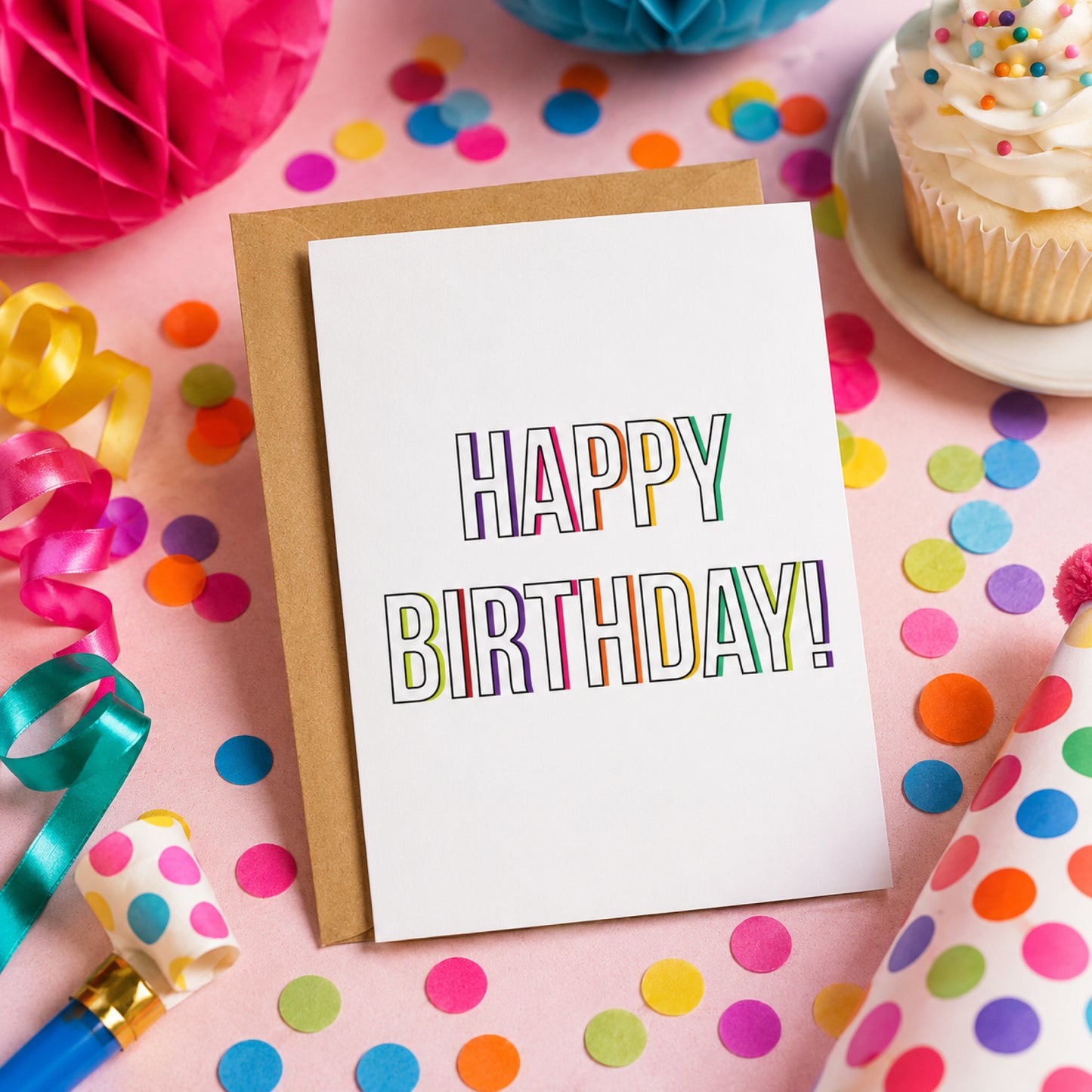 Modern Happy Birthday Colorful Outline Greeting Card featuring outlined lettering with colorful rainbow accents on a clean white background.