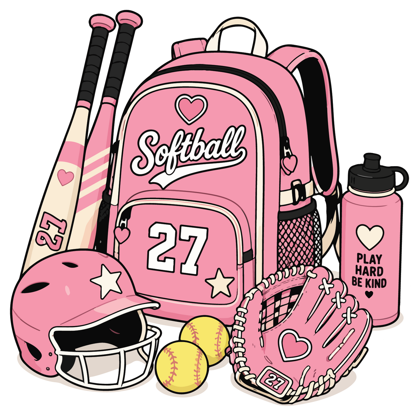 hand drawn pink softball gear backpack sticker on white background