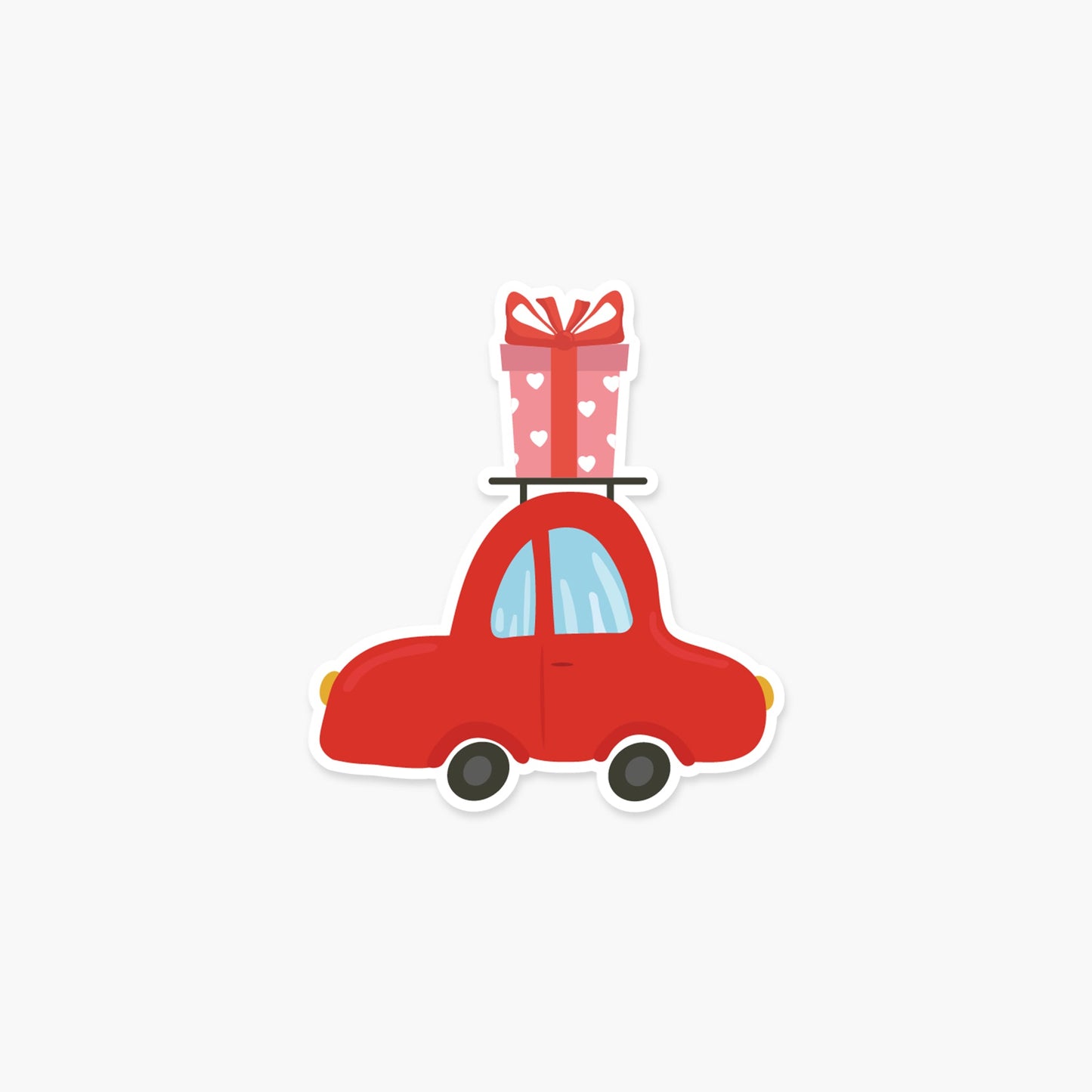 Cute red car with a gift on top 3.25 x 3 in - Valentine's Day Sticker - Footnotes Paper