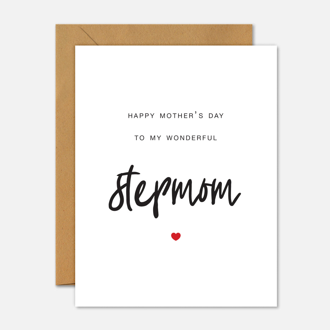 Greeting card with 'Happy Mother's Day to my wonderful stepmom' text on a white background