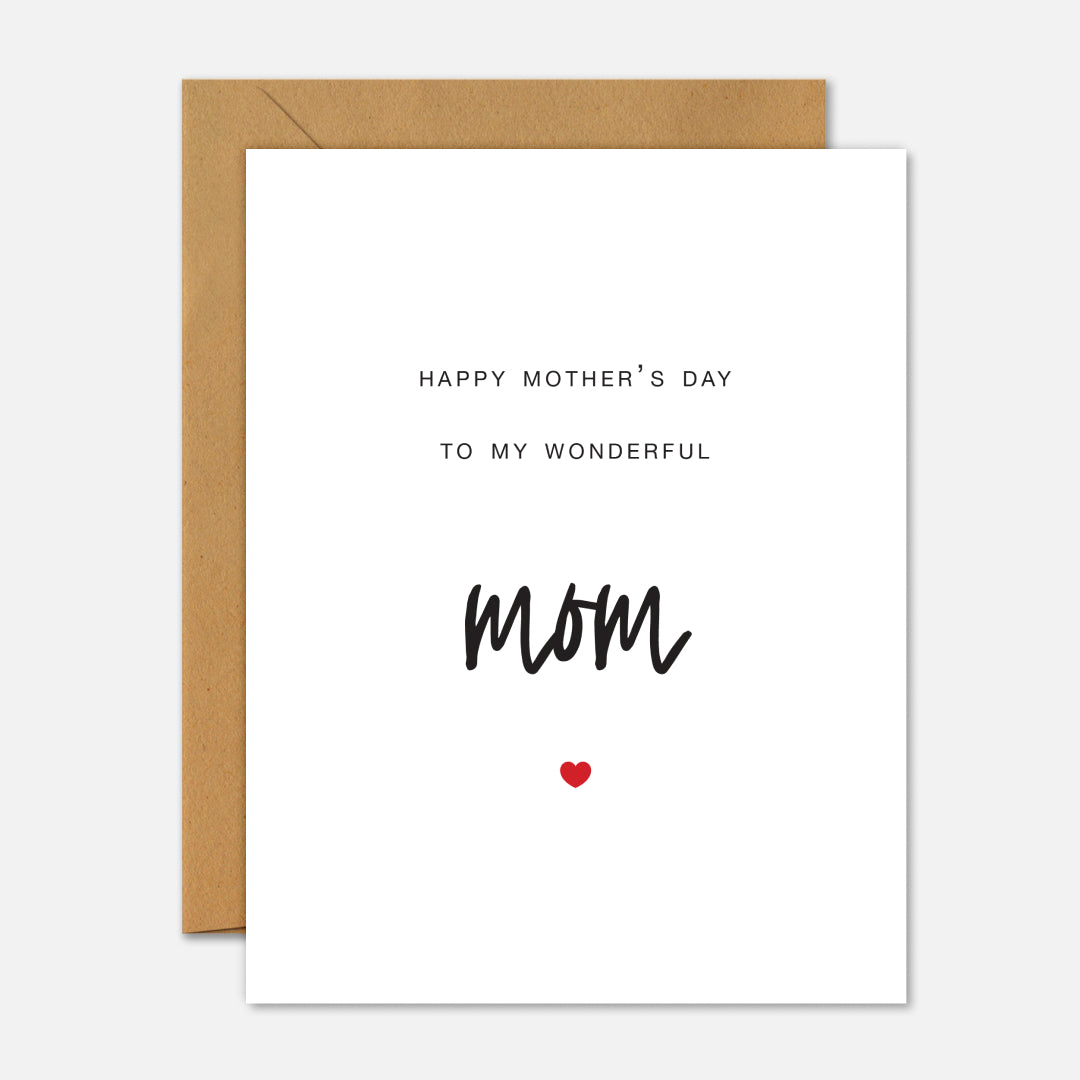 Greeting card with 'Happy Mother's Day to my wonderful mom' text and a red heart on a white background.