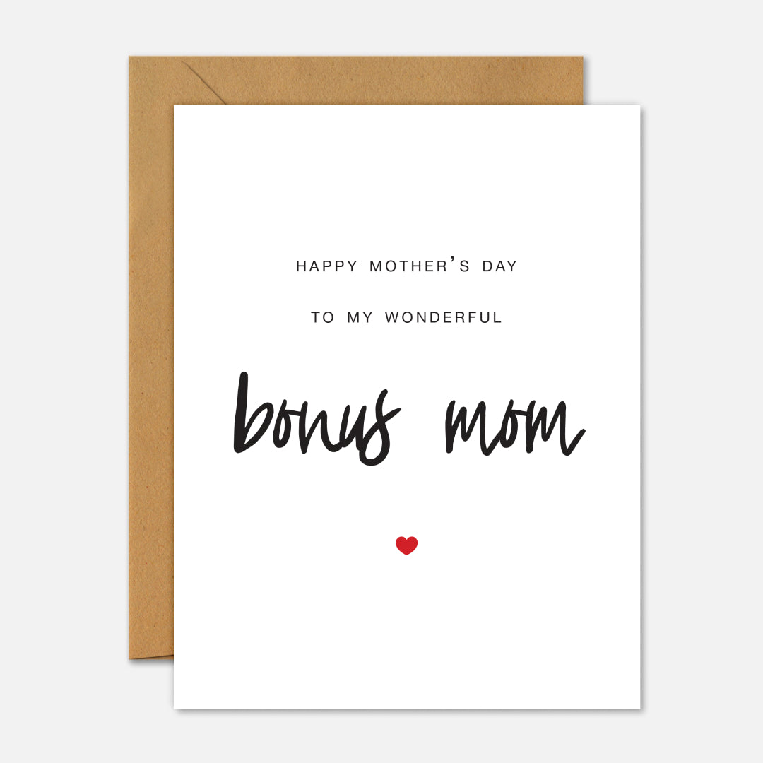 Greeting card with 'Happy Mother's Day to my wonderful bonus mom' text on a white background
