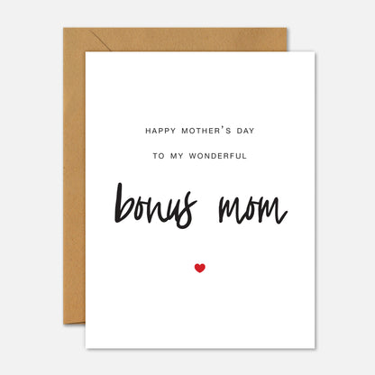 Greeting card with 'Happy Mother's Day to my wonderful bonus mom' text on a white background