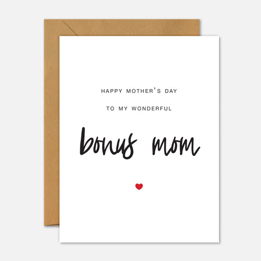 Greeting card with 'Happy Mother's Day to my wonderful bonus mom' text on a white background