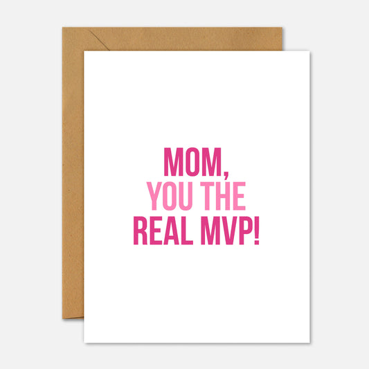 Greeting card with 'Mom, you the real MVP!' text on a white background