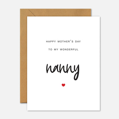 Greeting card with 'Happy Mother's Day to my wonderful nanny' text on a white background