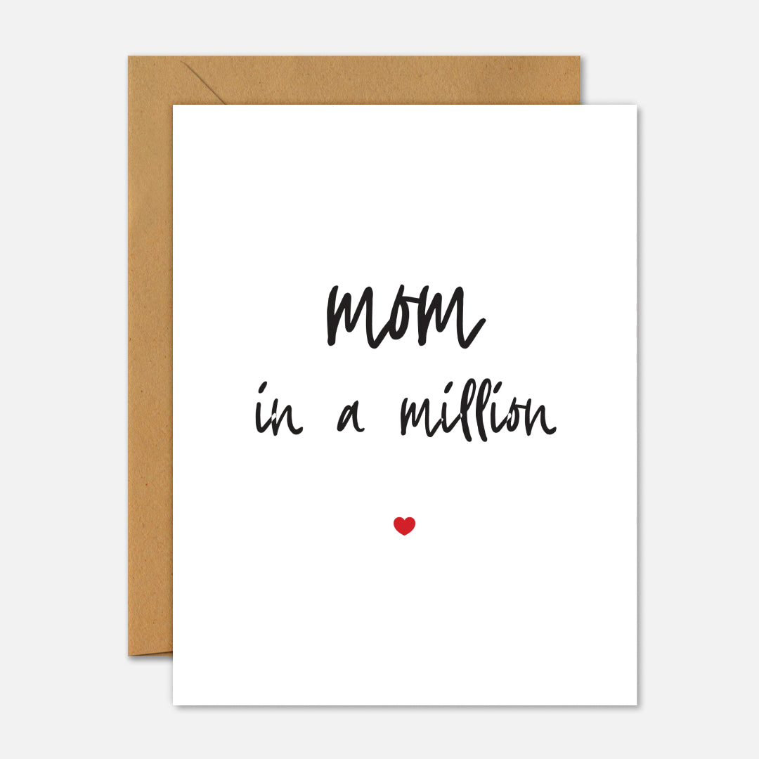 Greeting card with 'Mom in a million' text and a heart on a white background