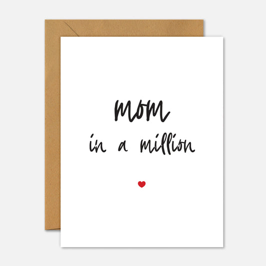 Greeting card with 'Mom in a million' text and a heart on a white background