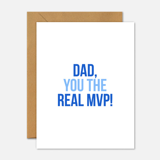 Greeting card with 'Dad, you the real MVP!' text on a white background