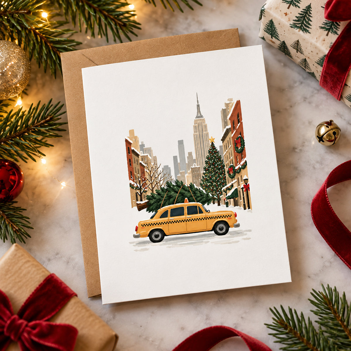 Lifestyle image of a New York City Christmas greeting card featuring a yellow NYC taxi decorated for the holidays on a white background.