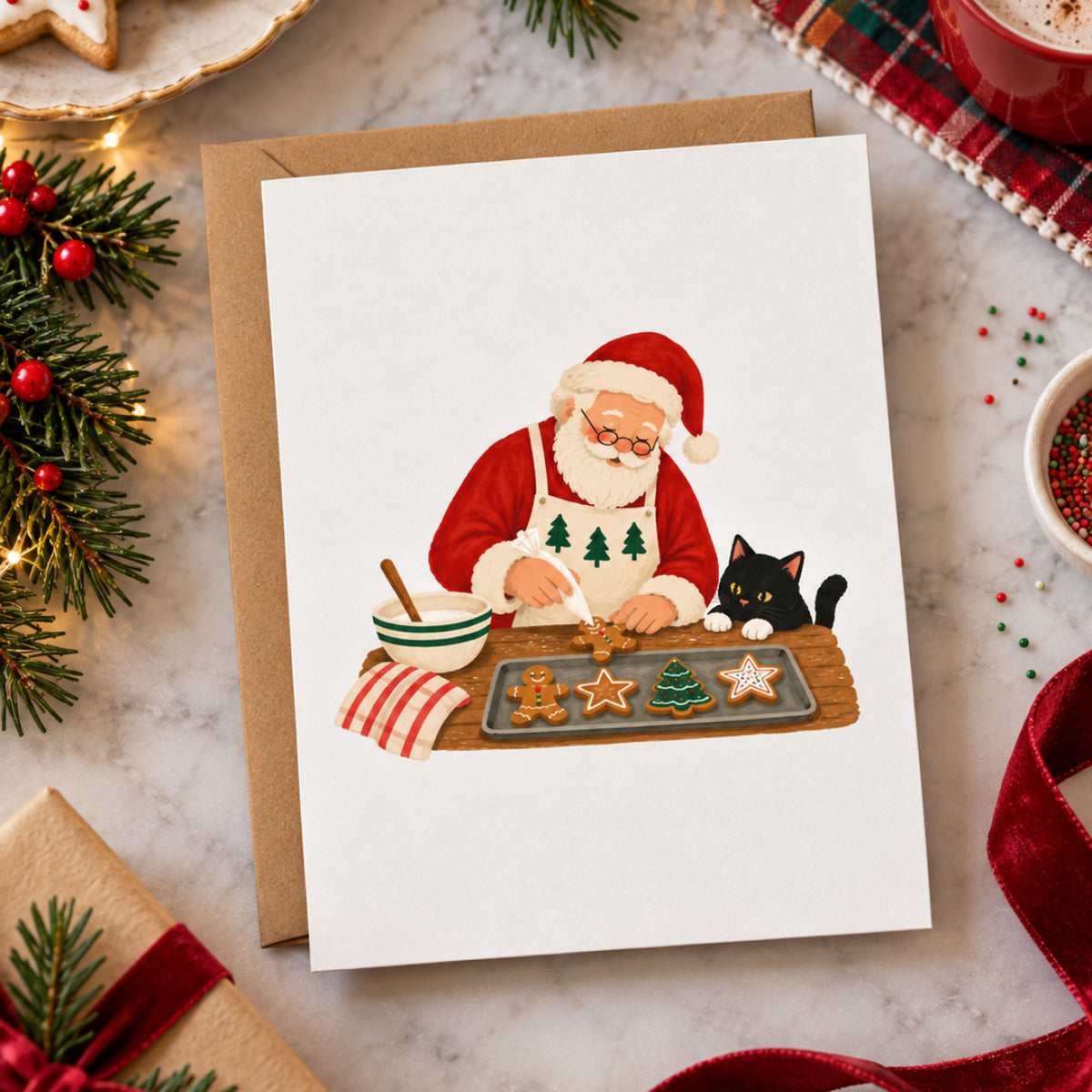 A white Christmas greeting card featuring an illustration of Santa Claus baking cookies with a black cat, shown on a marble surface with holiday decorations including pine branches, a wrapped gift, and a red ribbon.
