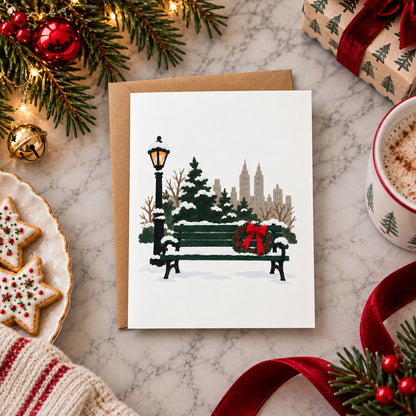 A square holiday greeting card with a kraft envelope, placed on a marble surface surrounded by Christmas decorations including pine branches, ornaments, cookies, a wrapped gift, a mug of hot cocoa, and a red ribbon. The card illustration shows a snowy park bench with a wreath, a streetlamp, evergreen trees, and city buildings.