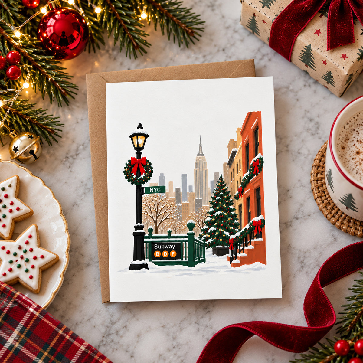 A square greeting card with a brown kraft envelope, featuring a colorful illustration of a snowy NYC street scene with a Christmas lamppost, city skyline, and decorated buildings. The card is styled on a marble surface with holiday decorations including cookies, wrapped gifts, ornaments, and a mug of cocoa.