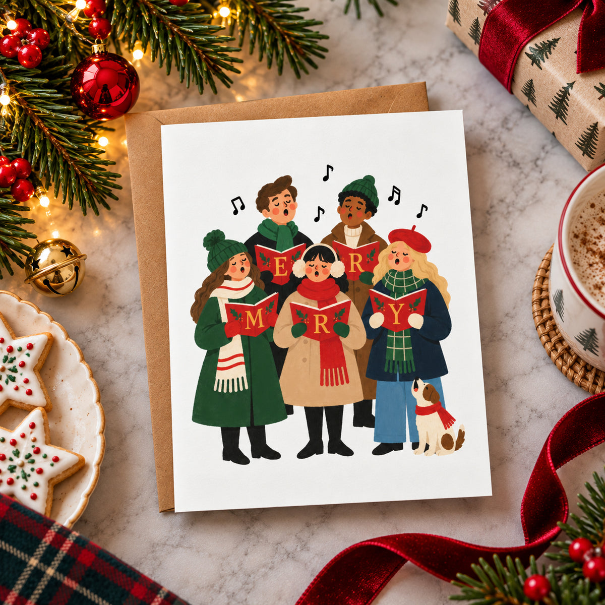 A square white greeting card with a brown kraft envelope, featuring an illustrated Christmas choir singing. The card is styled on a marble surface with holiday decorations including pine branches, red ornaments, a wrapped gift, a mug of coffee, and cookies.