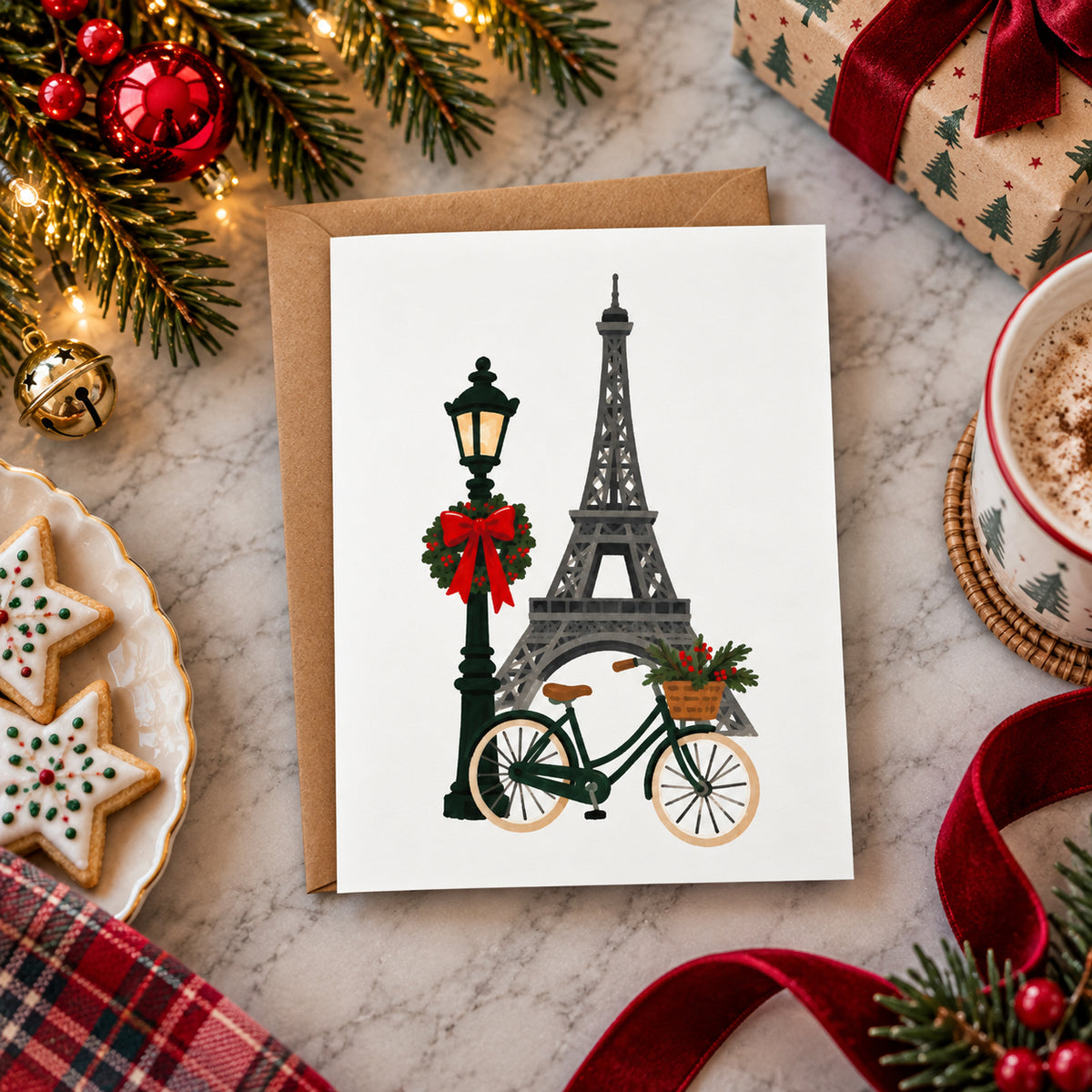 Lifestyle Photo Christmas In Paris greeting card featuring an illustrated festive Parisian city scene with Christmas decorations and French architecture.