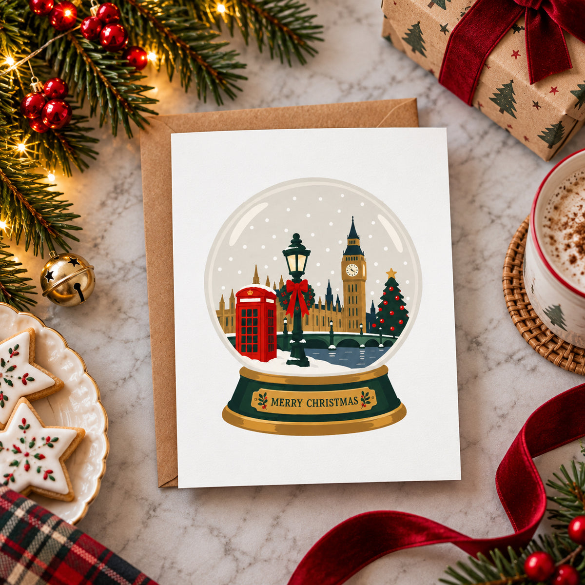 Lifestyle Photo - London Christmas Snow Globe greeting card featuring an illustrated London winter scene inside a snow globe with Merry Christmas written on the base.