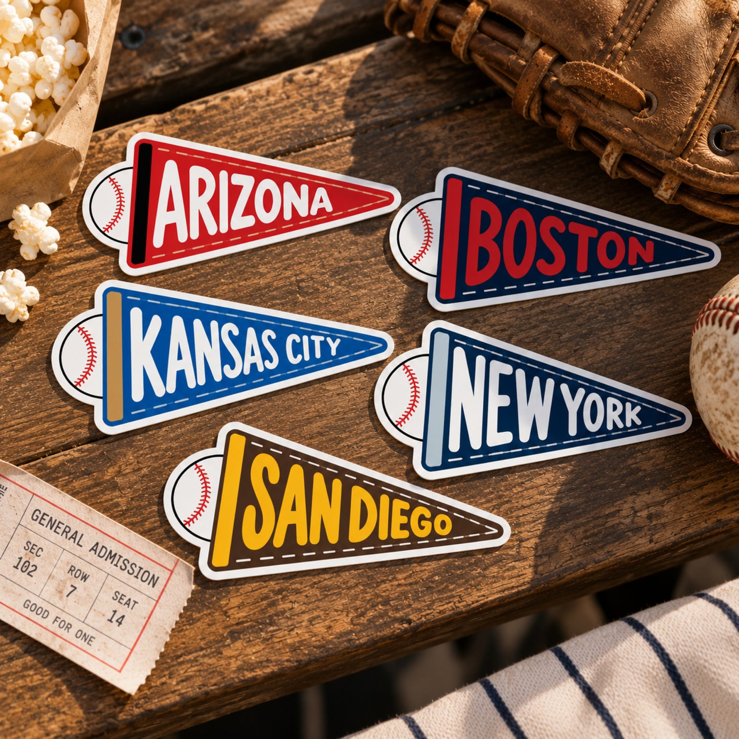Baseball-themed pennant-shaped vinyl stickers with team names arranged on a rustic wooden surface with baseball props.