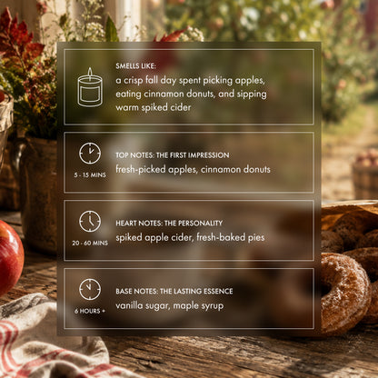 A product listing graphic for a scent profile, likely for a candle or fragrance, shown over a styled autumn table scene with donuts, an apple, and a vase. The central semi-transparent box contains text describing the scent notes: 'Smells like a crisp fall day spent picking apples, eating cinnamon donuts, and sipping warm spiked cider,' with top, heart, and base notes listed below.