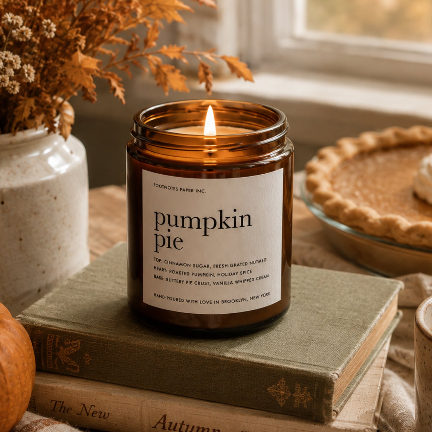 A lit amber glass candle jar labeled 'pumpkin pie' sits on stacked vintage-style books, with dried flowers, a pumpkin, and a pie in the background near a window.