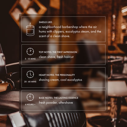 Barbershop setting with product description text overlay