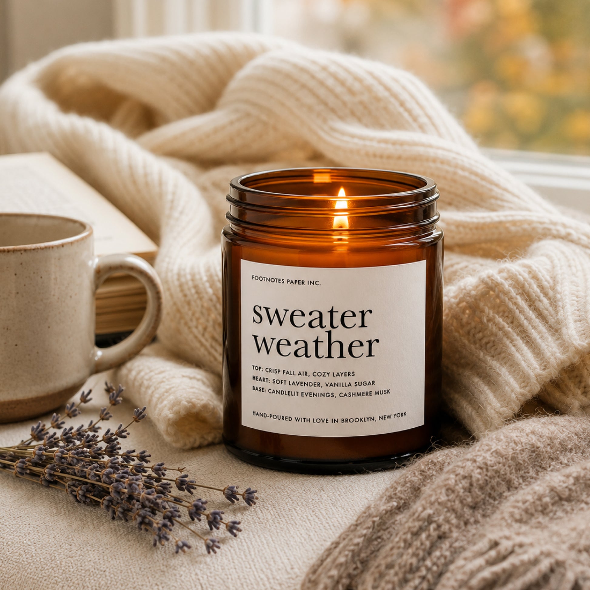 An amber glass jar candle with a white label reading 'sweater weather' sits on a beige blanket beside a ceramic mug, a book, and dried lavender sprigs. A lit flame is visible in the jar, and the scene is softly lit near a window.