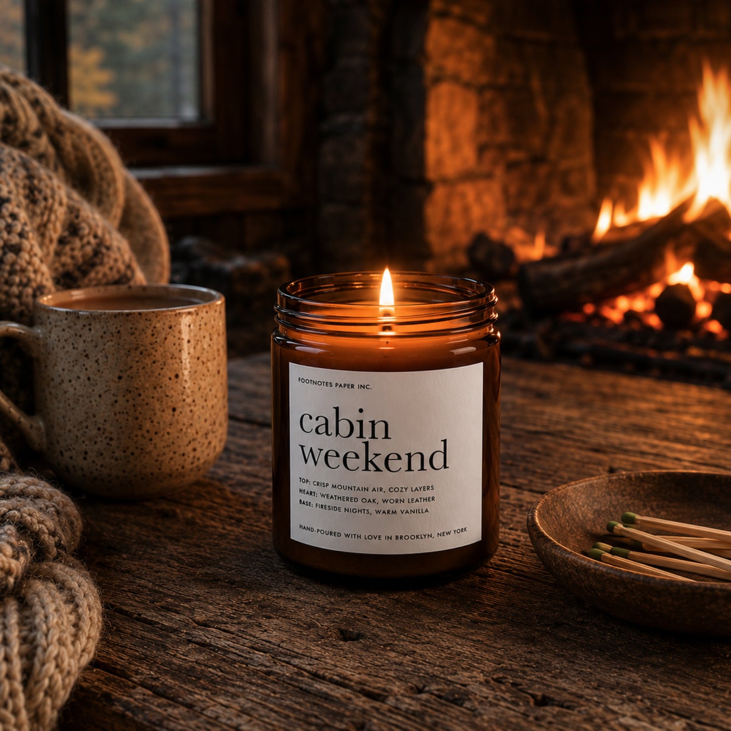 A lit candle in a clear glass jar sits on a rustic wooden table in a cozy indoor setting with a mug, knit blanket, bowl of matches, and a fireplace in the background. The label reads 'cabin weekend' and 'POSTHOUSES LUXE INC.