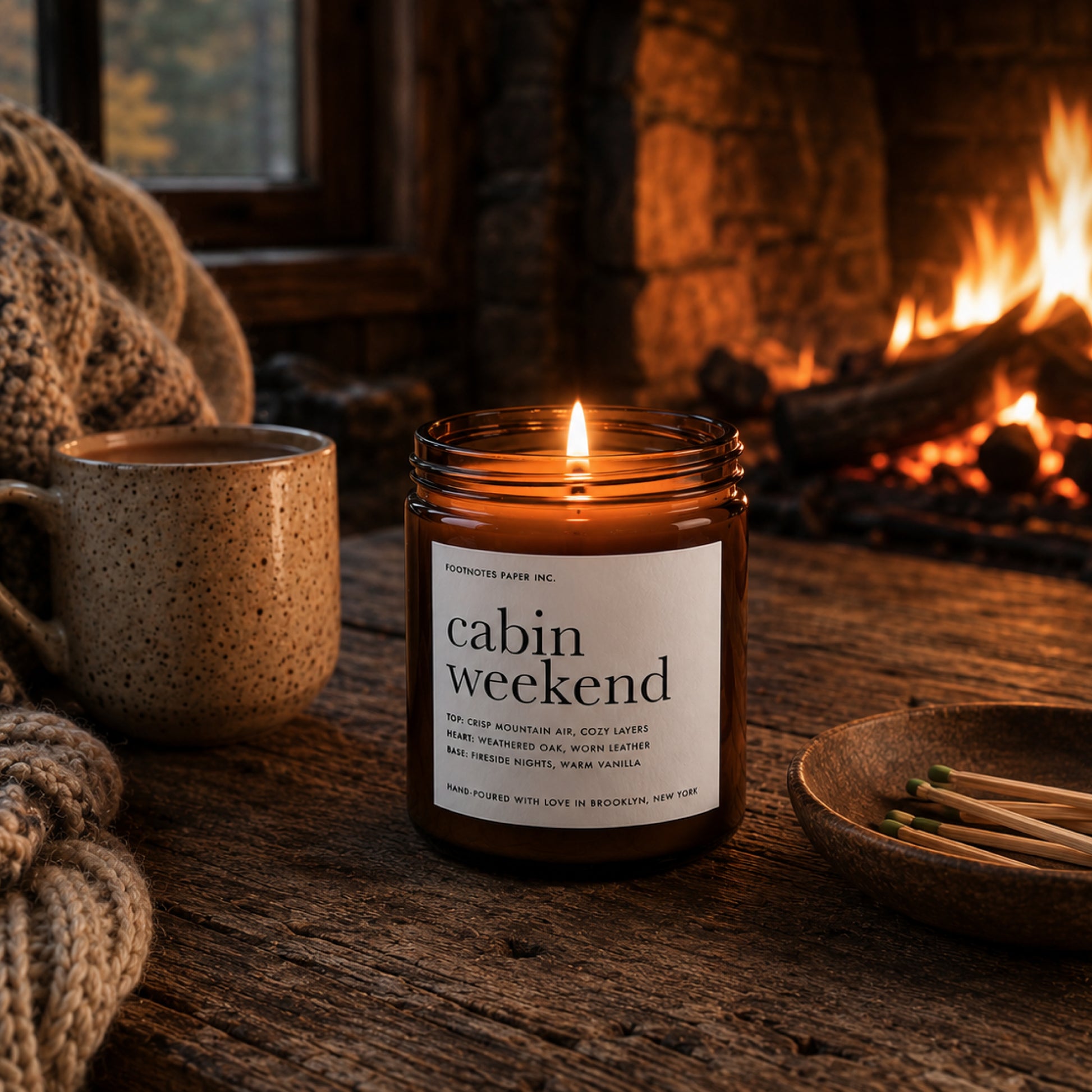 A lit candle in a clear glass jar sits on a rustic wooden table in a cozy indoor setting with a mug, knit blanket, bowl of matches, and a fireplace in the background. The label reads 'cabin weekend' and 'POSTHOUSES LUXE INC.