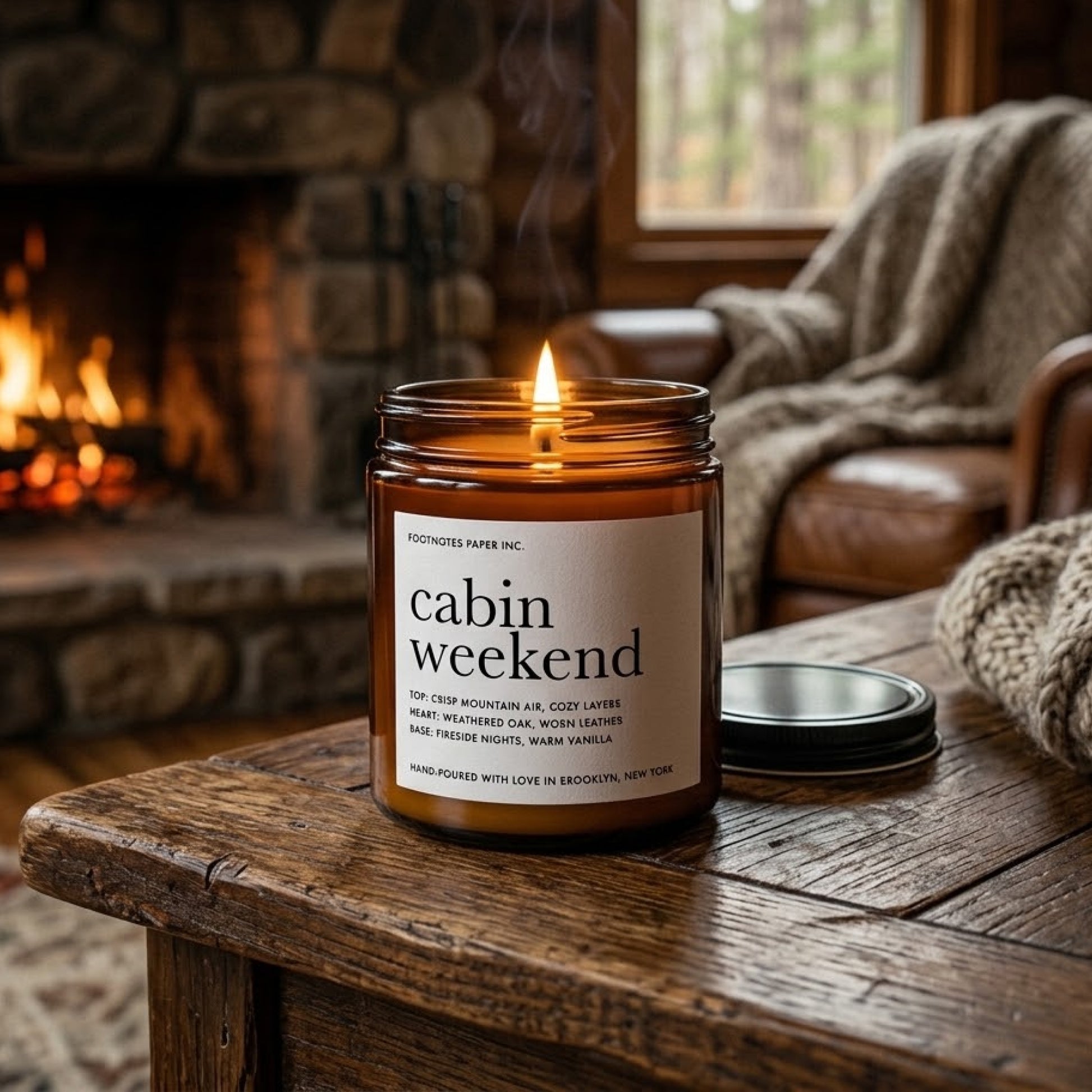 An amber glass jar candle labeled 'cabin weekend' by Footnotes Paper Inc sits lit on a rustic wooden table in front of a cozy fireplace and leather chair with a knitted blanket.