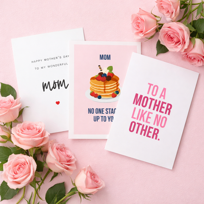 Three Mother's Day cards with pink roses on a pink background