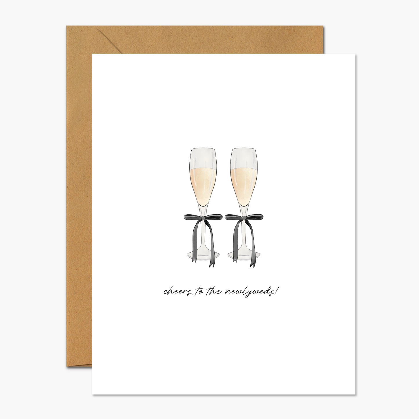 Greeting card with a black bow and champagne glasses design, ideal for same-sex wedding congratulations.