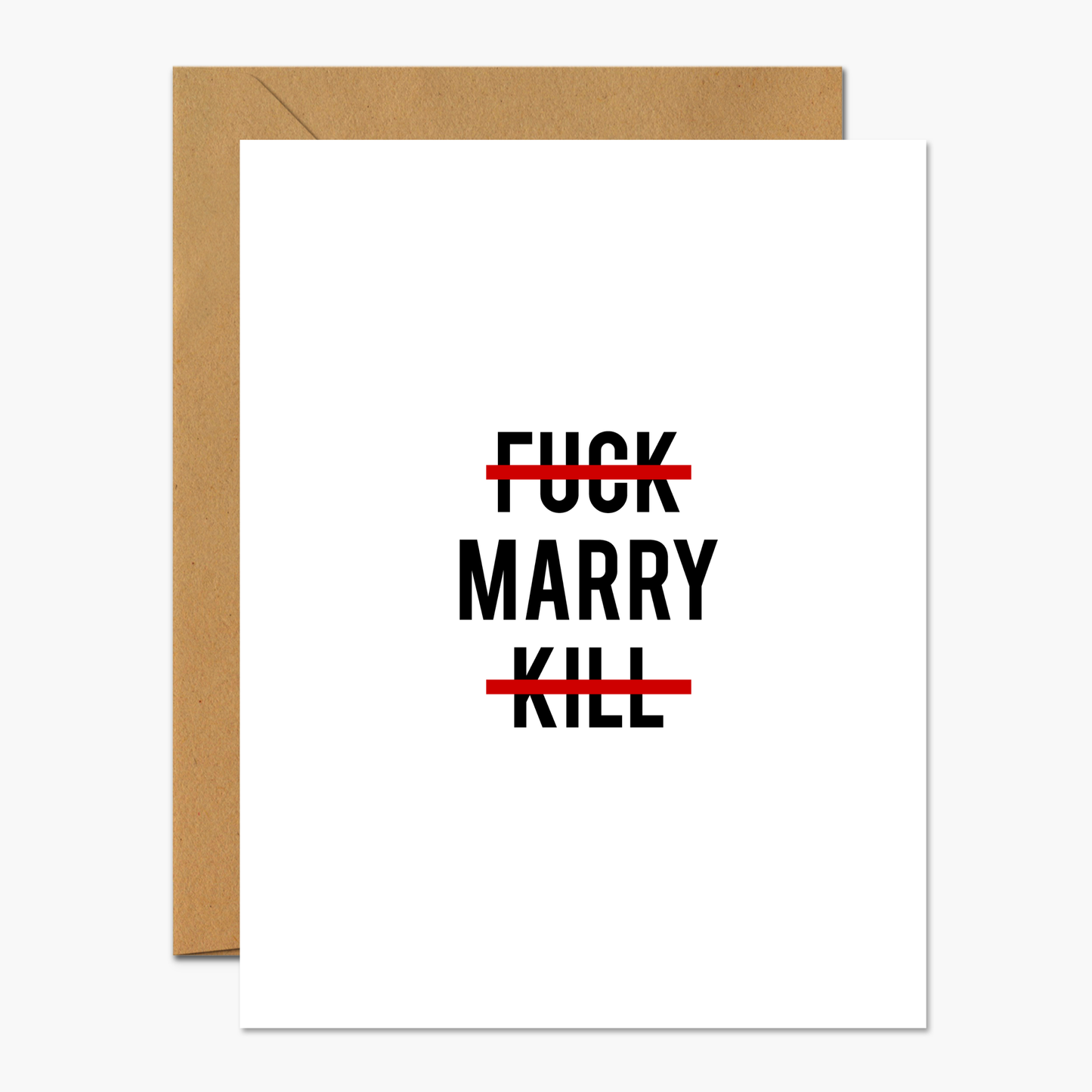 Humorous "Fuck Marry Kill" wedding card with a playful design, perfect for a light-hearted wedding message.