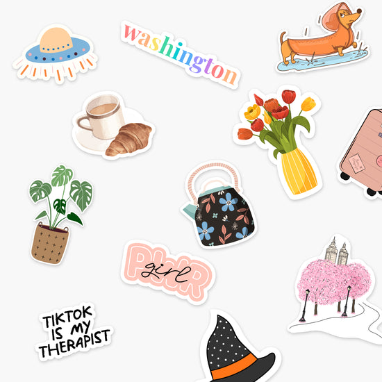 Collection of fun stickers for halloween, christmas, fall, floral.  Stickers and decals for laptop, water bottle, phone, planner, window, sun catcher, decorative, scrapbooking, crafts. Good as a gift. Summer, travel.