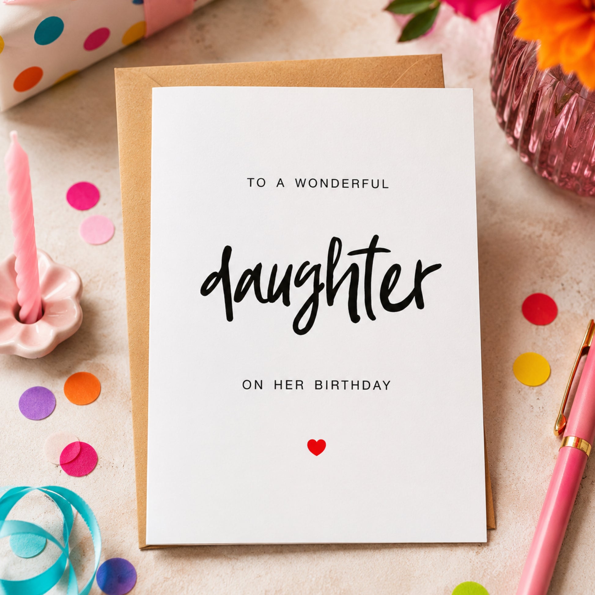 To a Wonderful Daughter on Her Birthday Greeting Card displayed with fresh flowers, wrapped gifts, and birthday decorations in a bright, elegant setting.