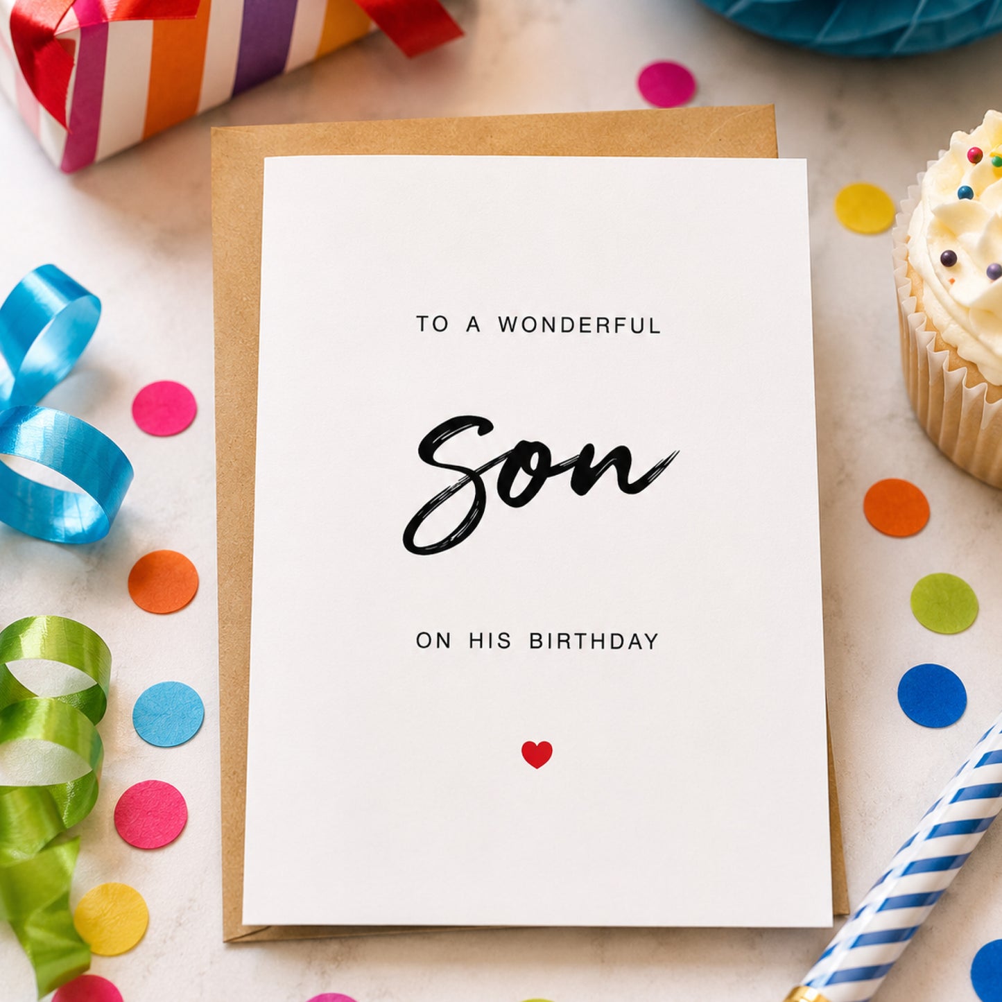 To a Wonderful Son on His Birthday Greeting Card displayed with wrapped birthday gifts, balloons, and a modern celebration setup.
