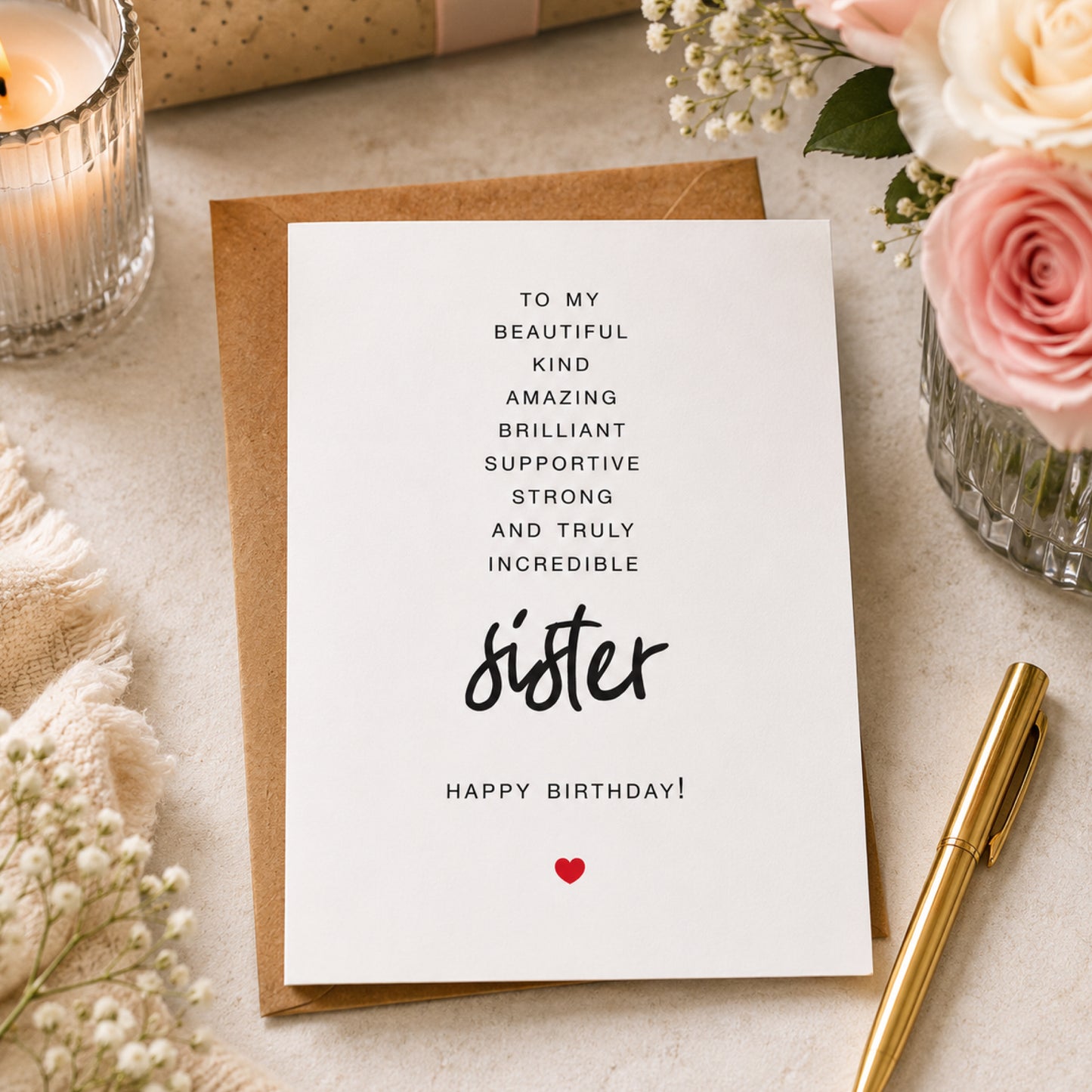 To My Sister birthday card featuring heartfelt typography with the words beautiful, kind, amazing, brilliant, supportive, strong, and incredible on a minimalist white greeting card with a kraft envelope.