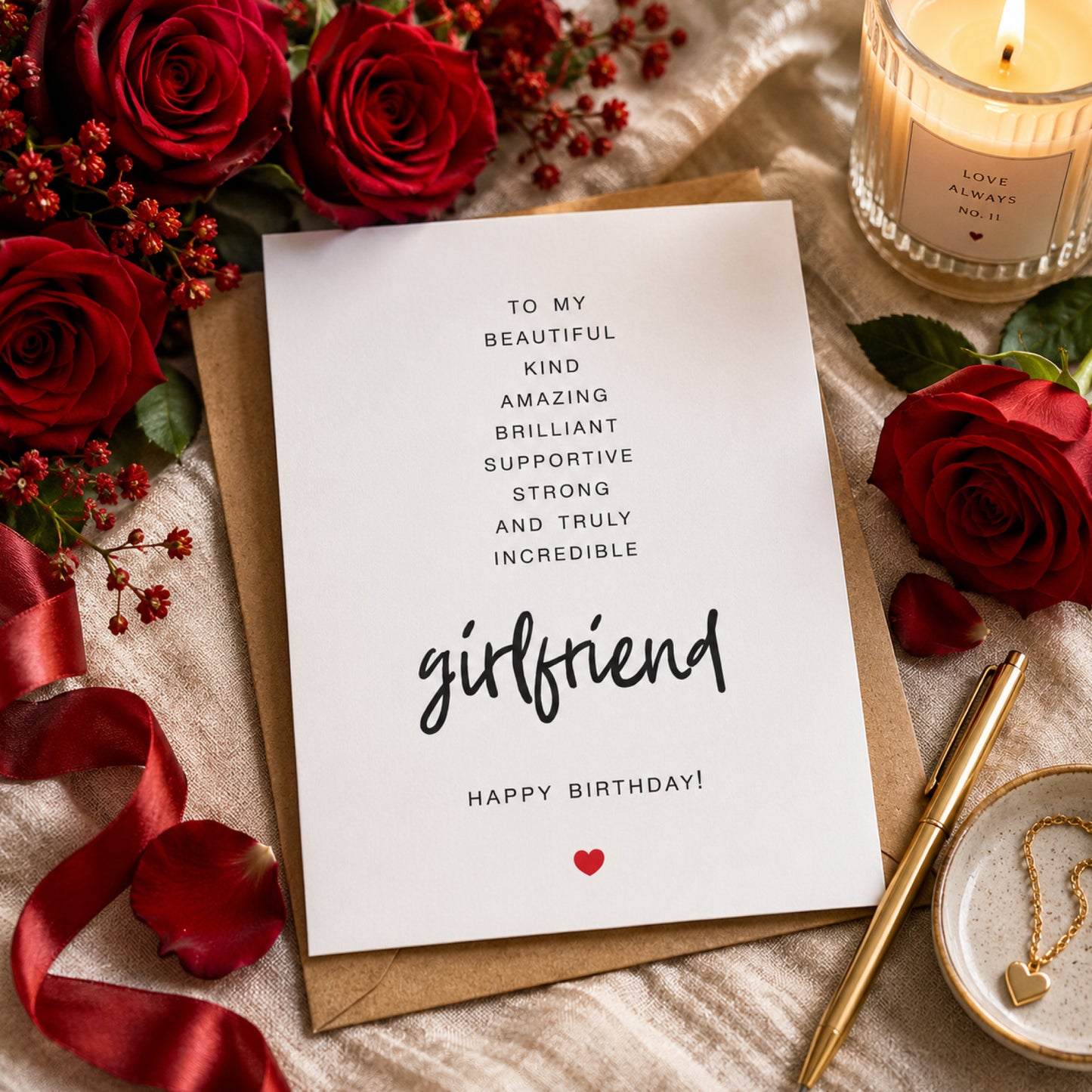 Celebrate your girlfriend with a heartfelt birthday card featuring elegant typography, a sweet red heart, and space for your personal message.