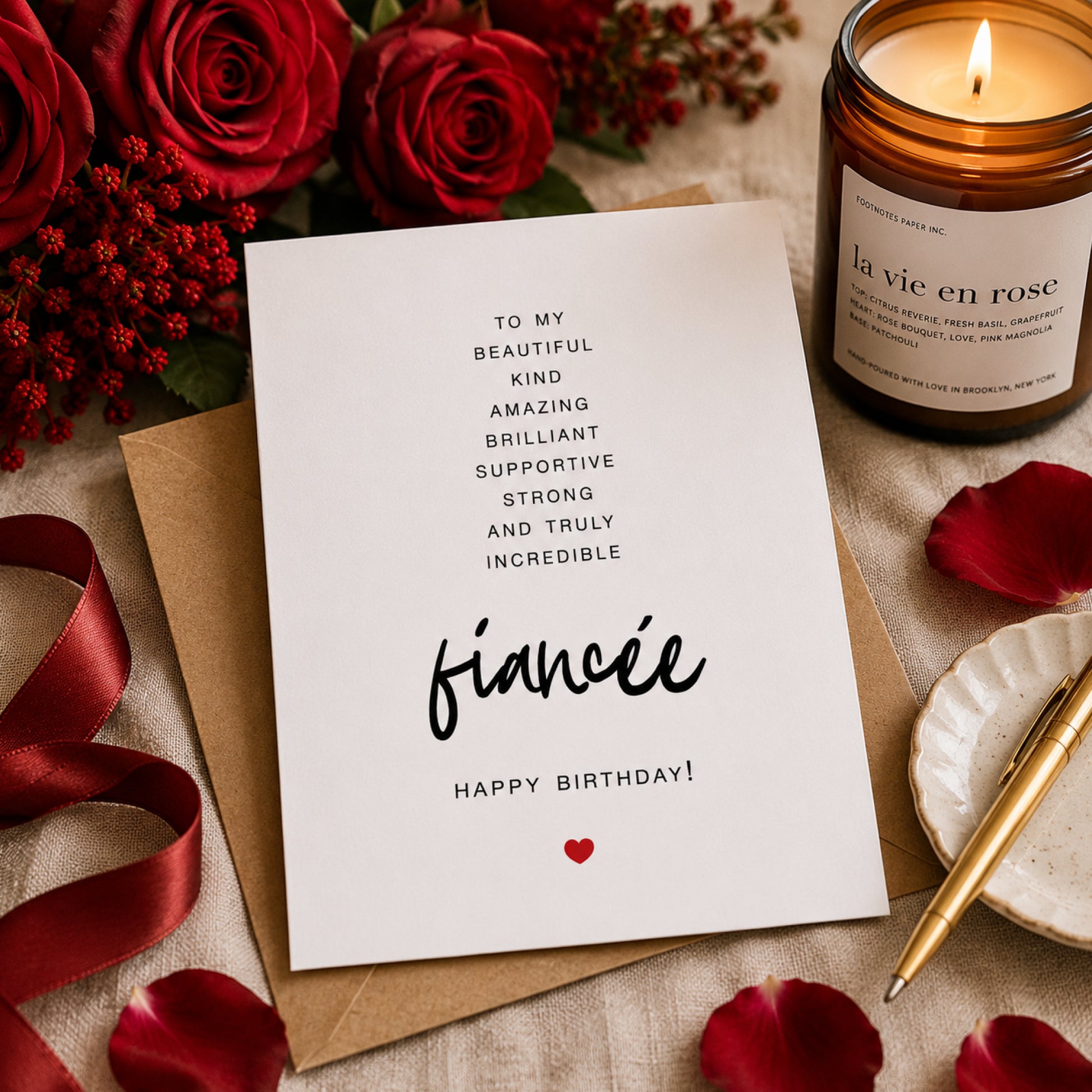 To My Fiancée birthday card with romantic black typography and a small red heart on a white A2 card with kraft envelope.