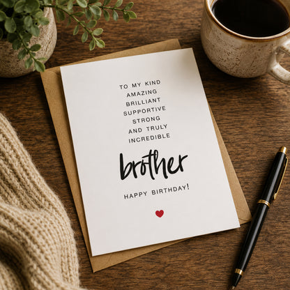 To My Brother birthday card with minimalist black typography and a small red heart on a white A2 card with kraft envelope.