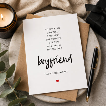 Celebrate your boyfriend with a romantic birthday card featuring elegant typography, a sweet red heart, and space for your personal message.