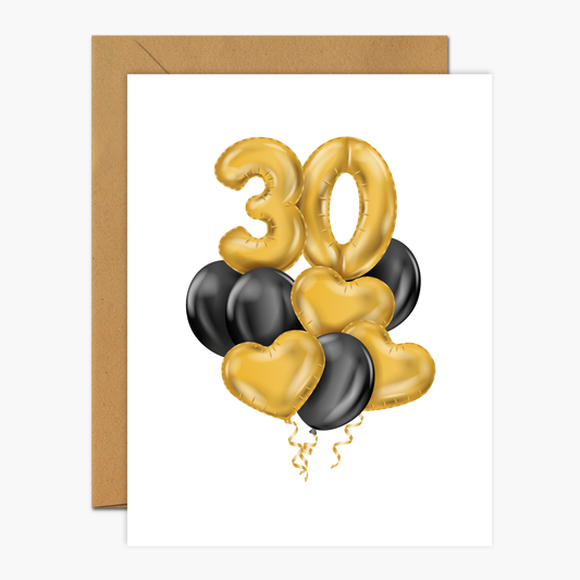 30th Birthday Gold and Black Balloons Birthday Greeting Card | Footnotes Paper