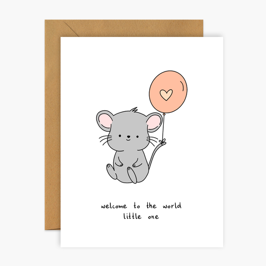Welcome To The World - Mouse With Balloon Baby Greeting Card | Footnotes Paper