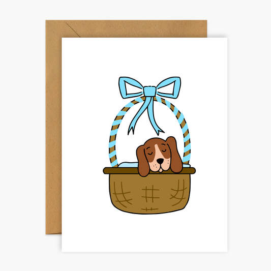 Puppy In A Blue Basket Baby Greeting Card | Footnotes Paper