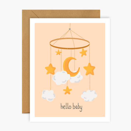 Stars and Moon Mobile Hello Baby Baby Greeting Card | Footnotes Paper