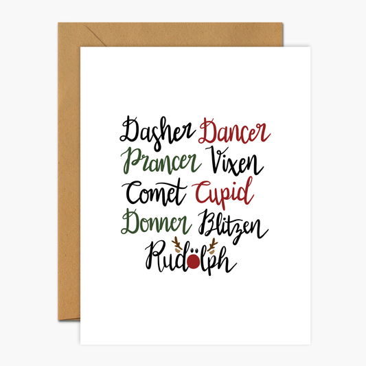 Reindeer Names Script Christmas Greeting Card | Footnotes Paper