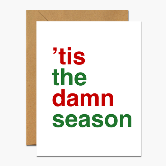 'Tis The Damn Season Text - Taylor Swift Evermore Christmas card in holiday colors.