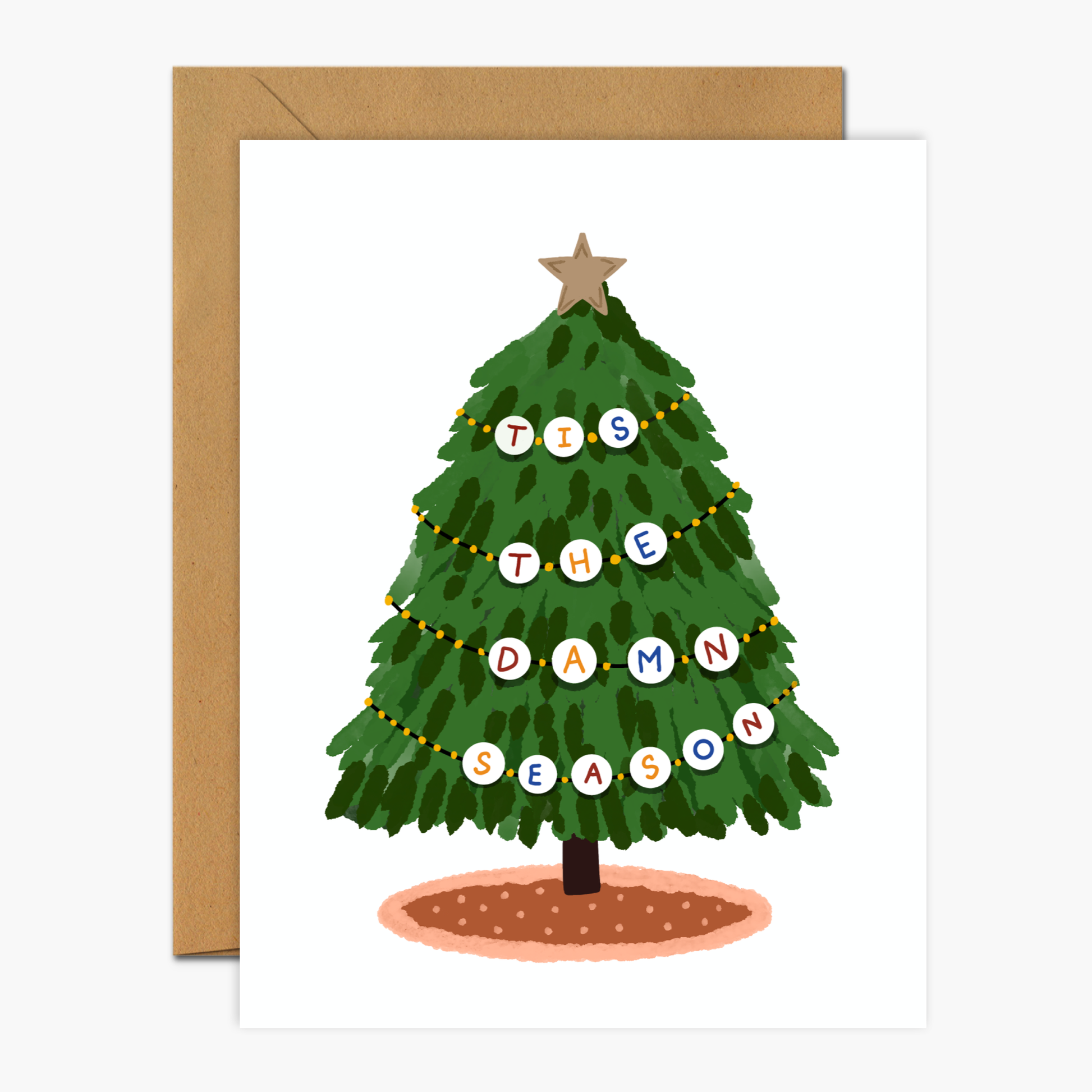 'Tis The Damn Season Tree - Taylor Swift Evermore-inspired Christmas card with holiday tree design.