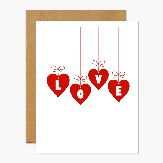 Love Hearts Hanging From String Valentine's Day Greeting Card | Footnotes Paper
